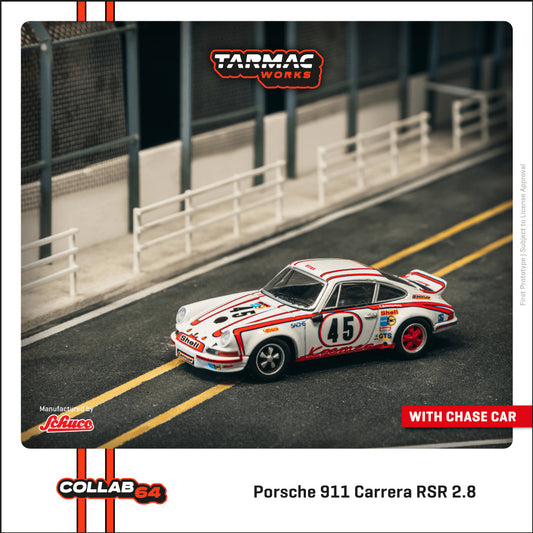 A 1:64 scale model of a Porsche 911 Carrera RSR 2.8 in white with red, black, and silver detailing, featuring the number 45, displayed on a track setting.