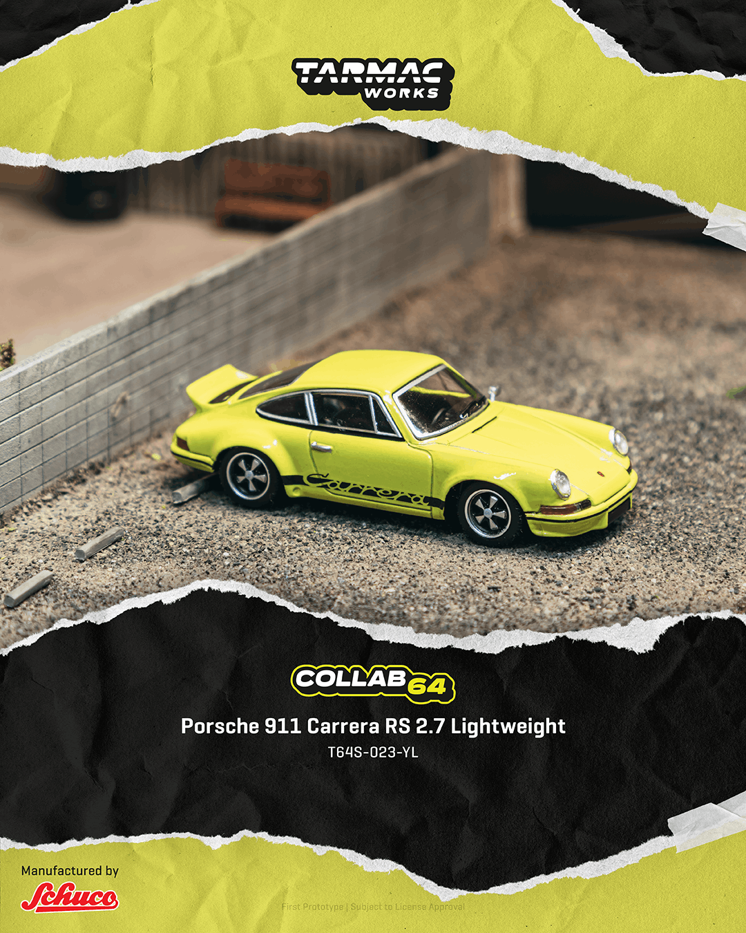Yellow model car on a miniature road with 'Tarmac Works' branding.