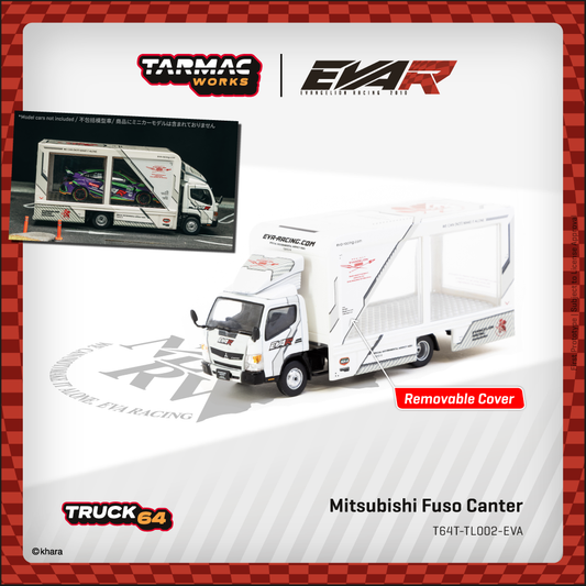 Model truck packaging with Tarmac Works and EVA branding on a red checkered background