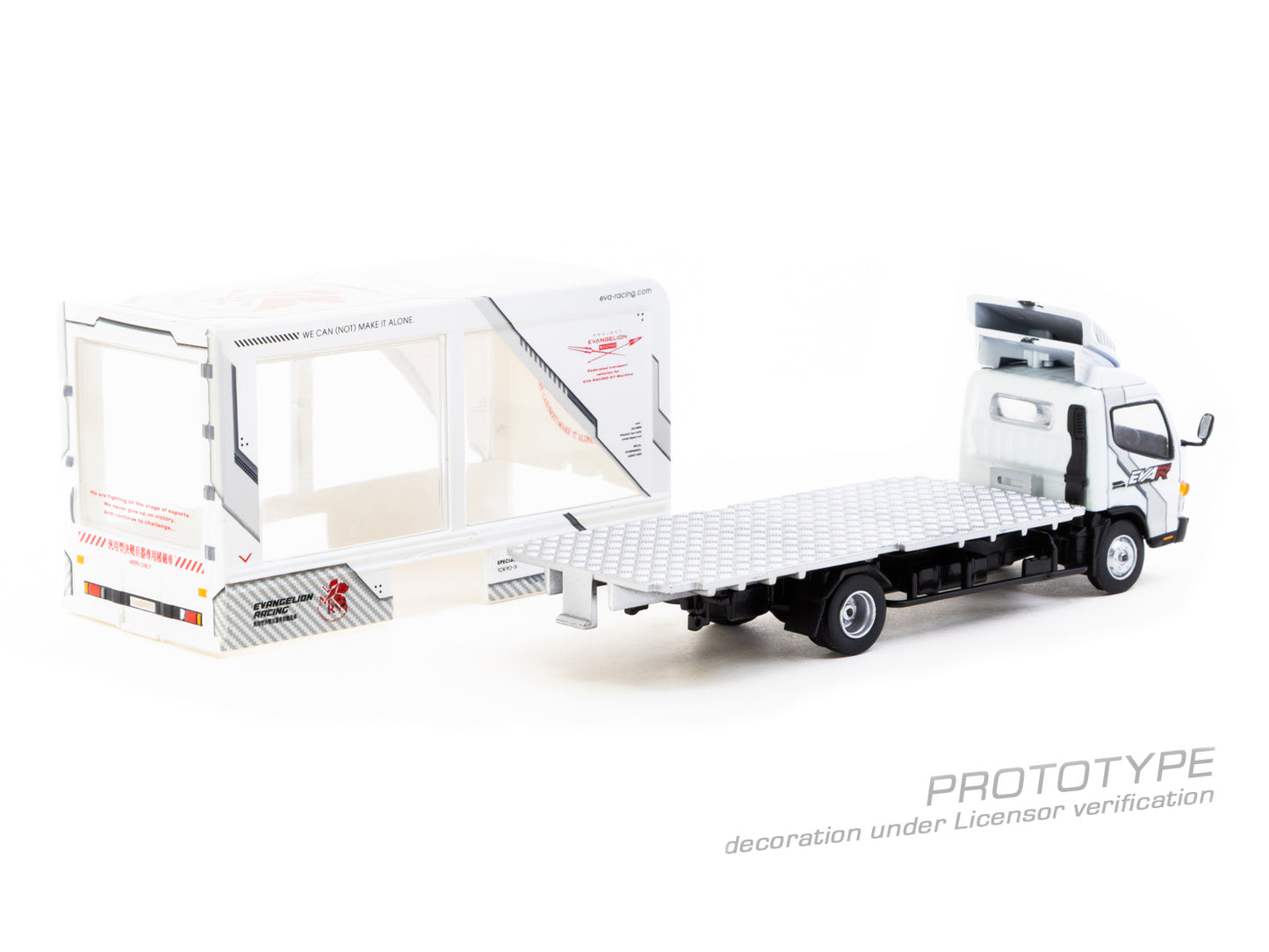 Model truck with a flatbed trailer on a white background