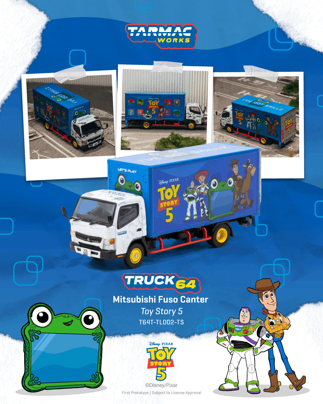 Promotional graphic for the Tarmag Works Truck 64 Mitsubishi Fuso Canter Toy Story 5 edition. The main subject is a die-cast toy truck with a blue Toy Story 5 themed cargo container, shown alongside character illustrations of Woody and Buzz Lightyear, a green frog-themed frame, and three smaller product photo thumbnails at the top.