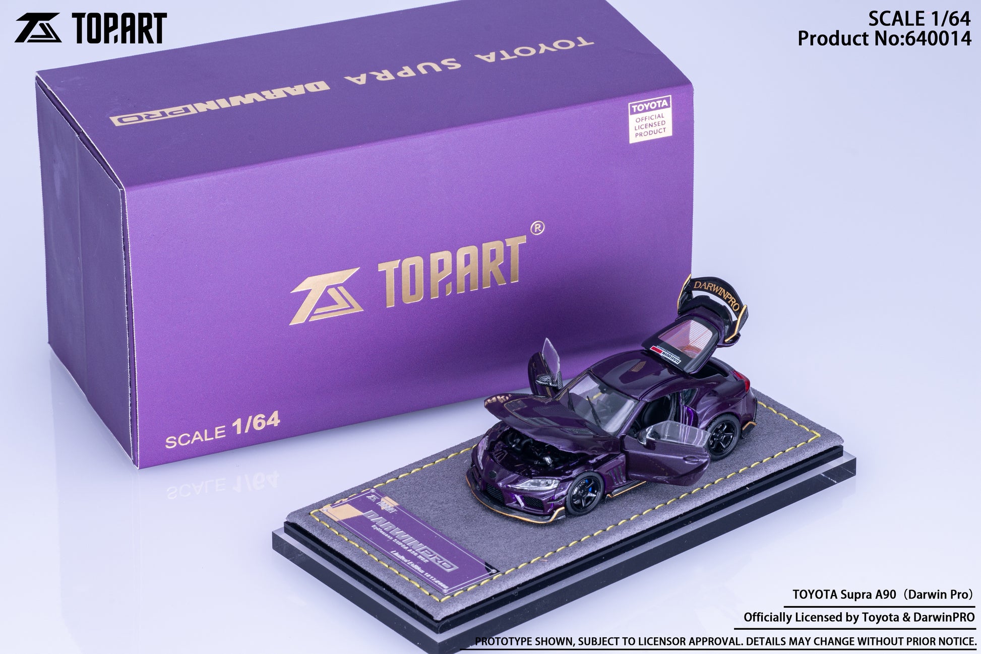 A detailed 1:64 scale model of the Toyota Supra A90 is displayed in purple, with open doors and hood. It's set on a premium base with a matching box.