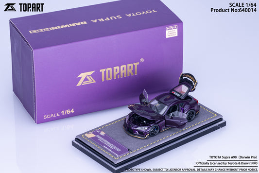 A detailed 1:64 scale model of the Toyota Supra A90 is displayed in purple, with open doors and hood. It's set on a premium base with a matching box.