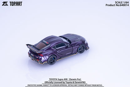 Toy model of a purple Toyota Supra A90 with sleek aerodynamic design, shown on a white background. Details include black wheels and a rear spoiler.