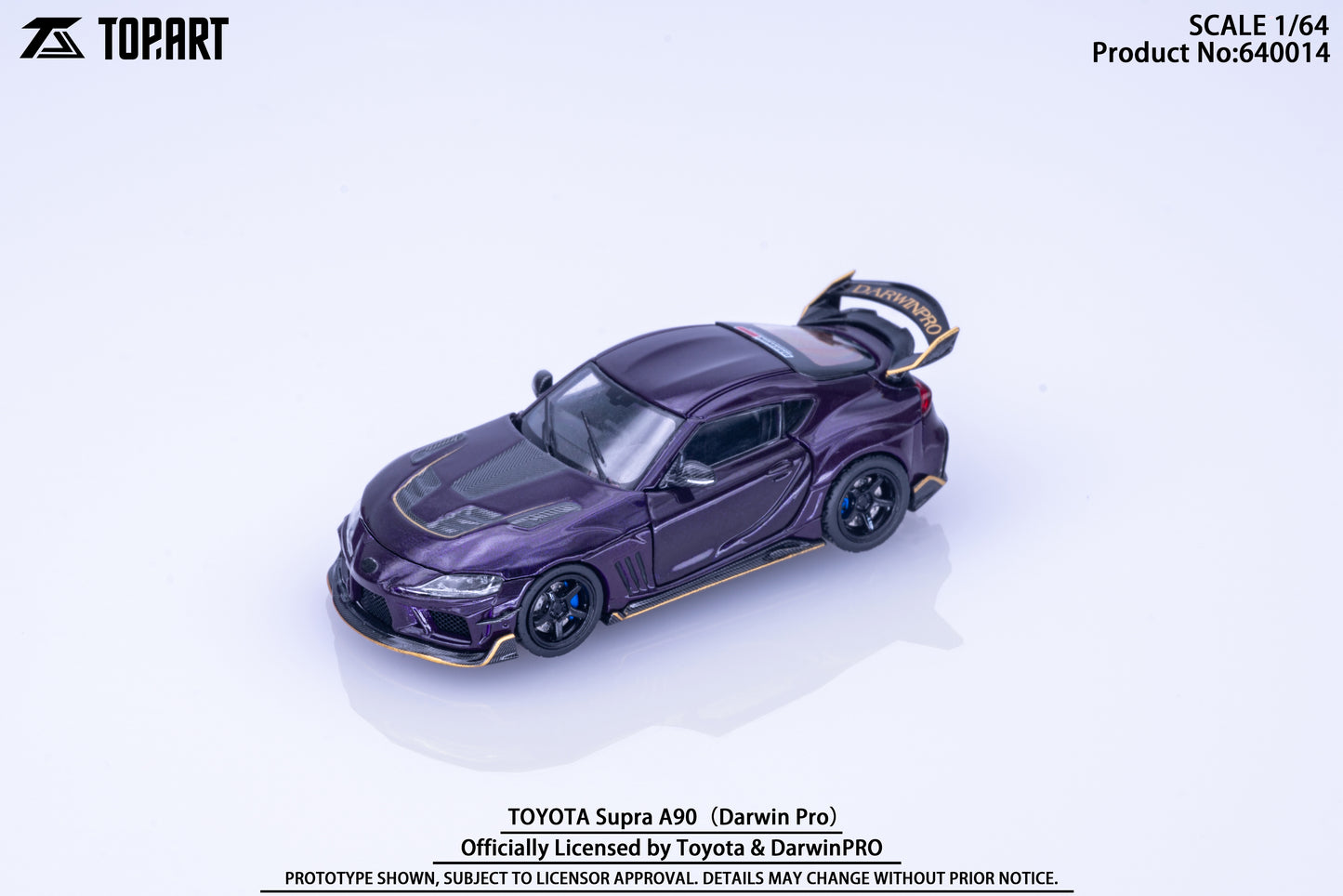 Miniature Toyota Supra A90 model by Topart in purple with gold accents on a white background. Features include a large rear wing and black wheels.