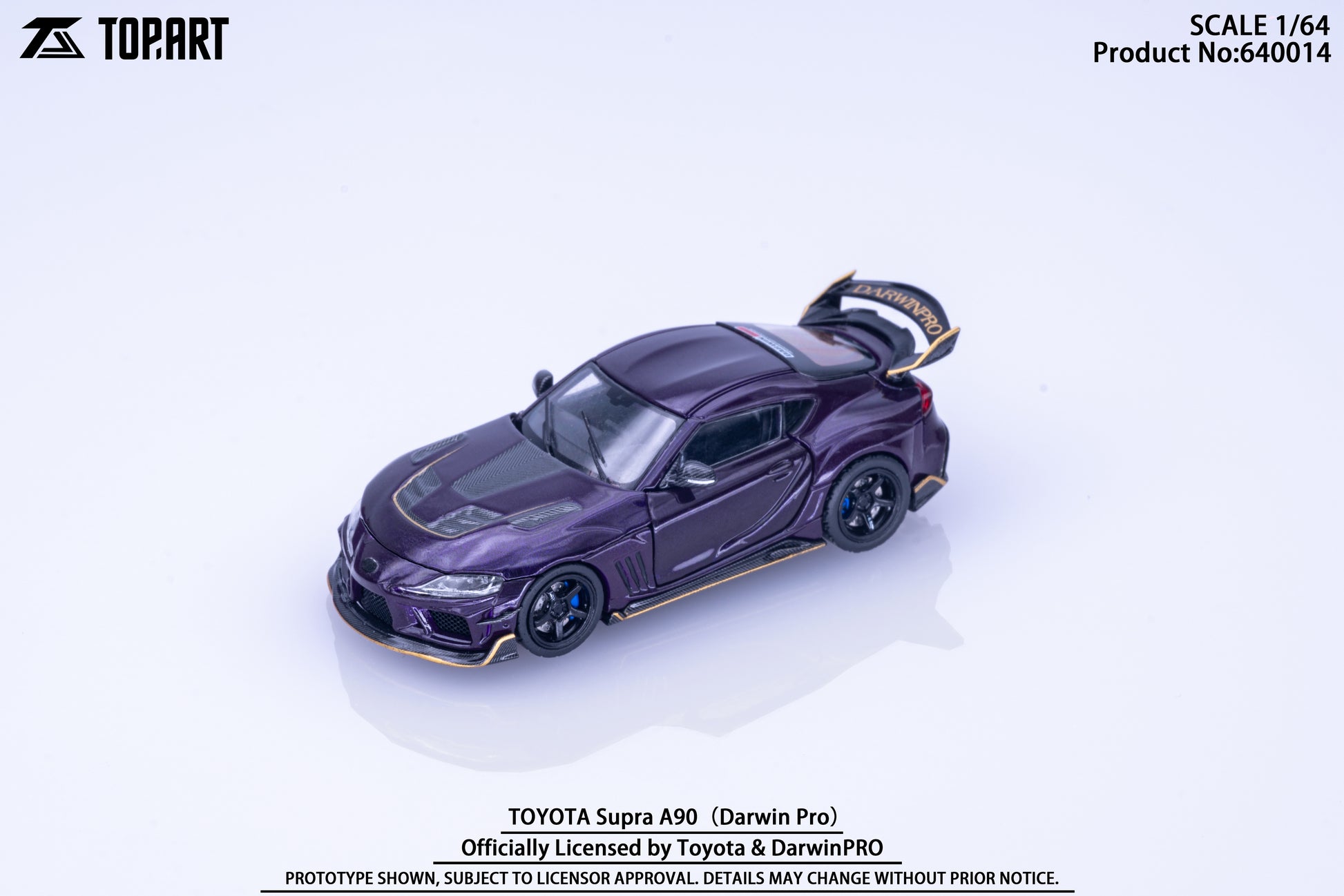 Miniature Toyota Supra A90 model by Topart in purple with gold accents on a white background. Features include a large rear wing and black wheels.