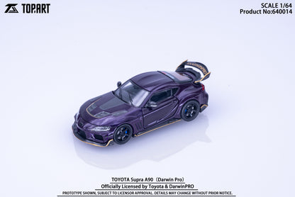 Miniature Toyota Supra A90 model by Topart in purple with gold accents on a white background. Features include a large rear wing and black wheels.