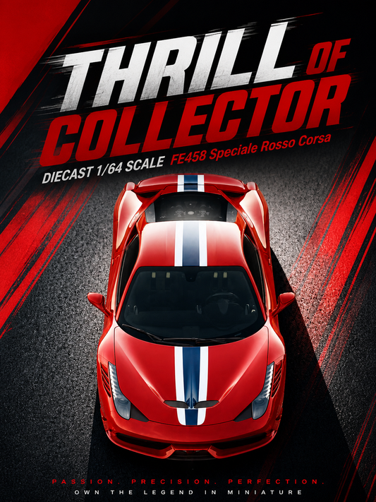 Promotional image of a red sports car with 'Thrill of Collector' text and design elements.