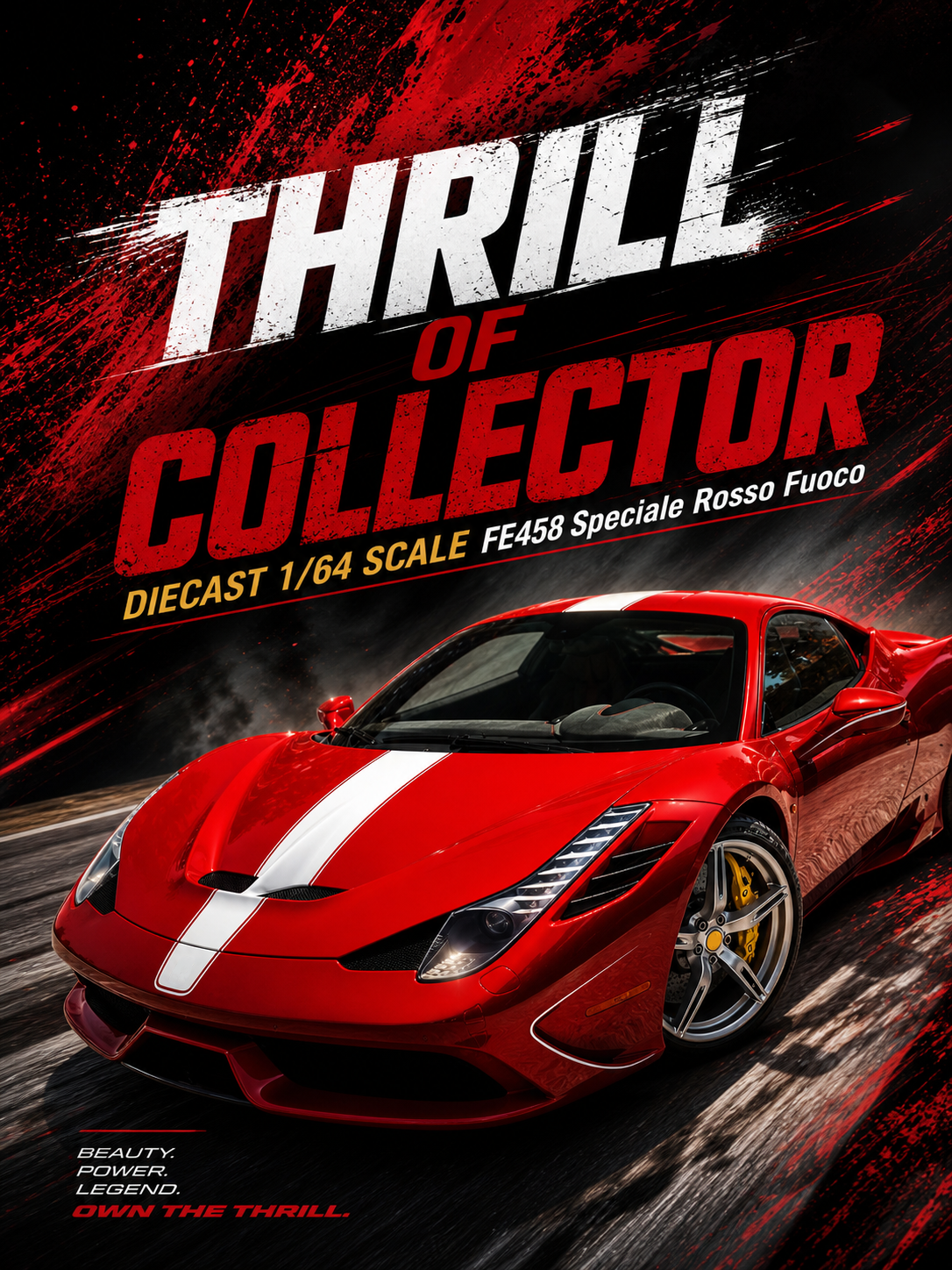 Red sports car with white stripes on a dark background with 'Thrill of Collector' text.
