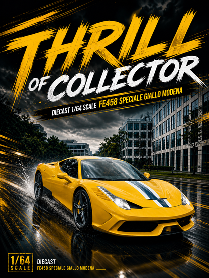 Promotional image of a yellow sports car on a wet road with 'Thrill of Collector' text.