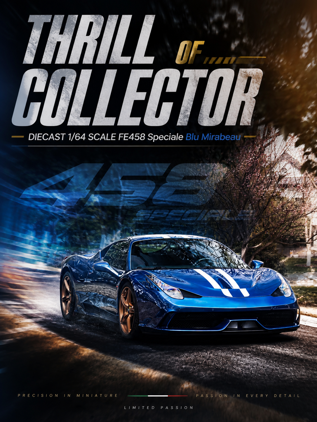 Blue sports car on a road with 'Thrill of Collector' text overlay