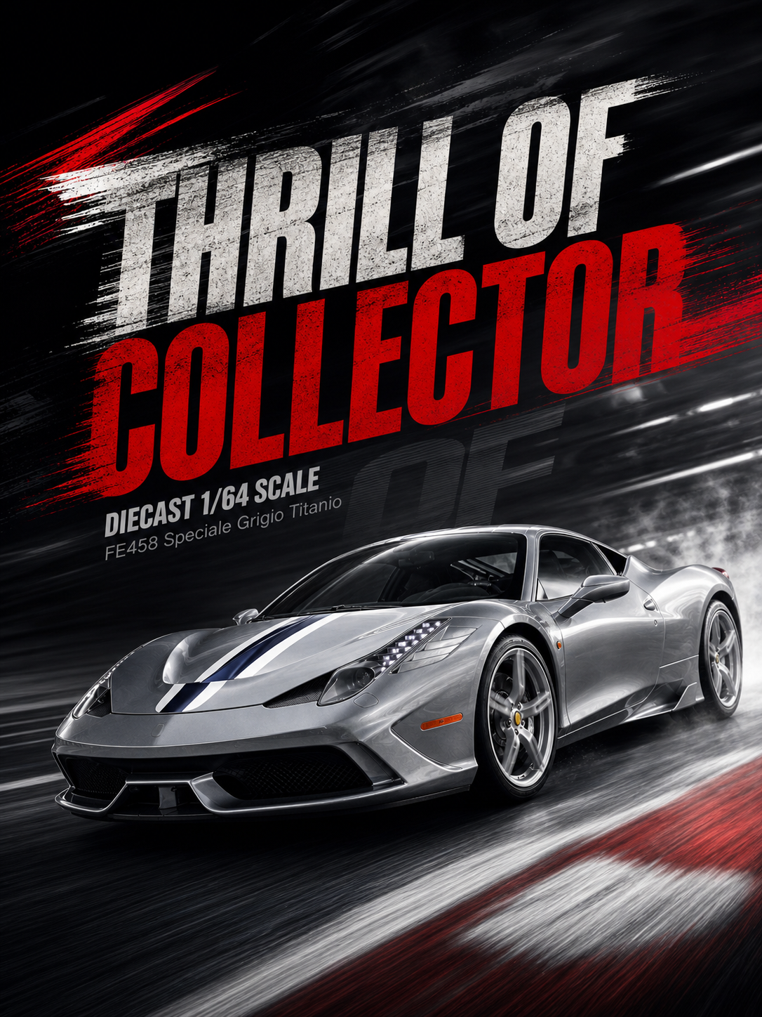 Ferrari sports car on a dynamic background with 'Thrill of Collector' text