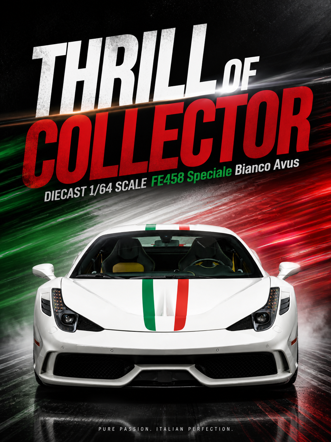 Promotional image of a diecast car model with Italian flag design on a dynamic background.