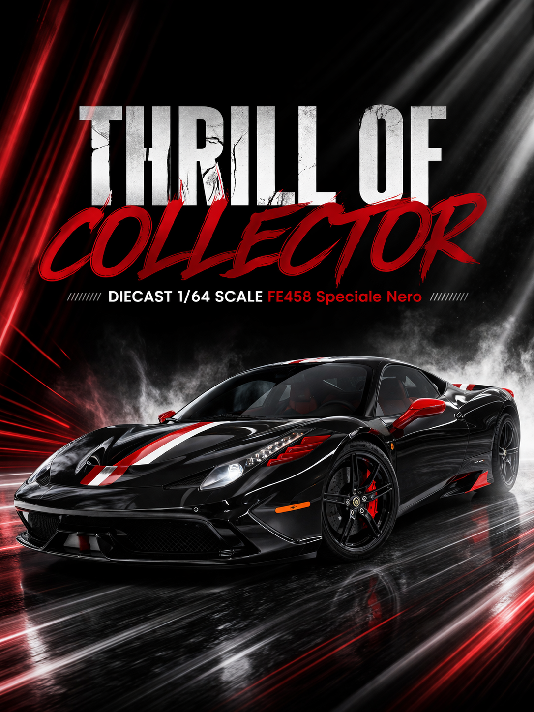 Promotional image of a diecast car model with 'Thrill of Collector' text and car details.