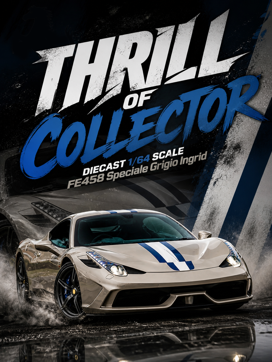 Promotional image of a diecast car model with 'Thrill of Collector' text and car details.