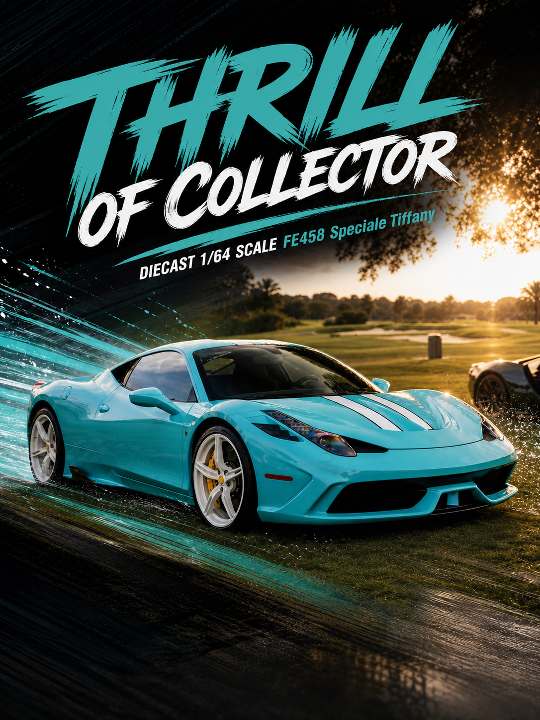 Turquoise sports car on a racetrack with 'Thrill of Collector' text and sunset background