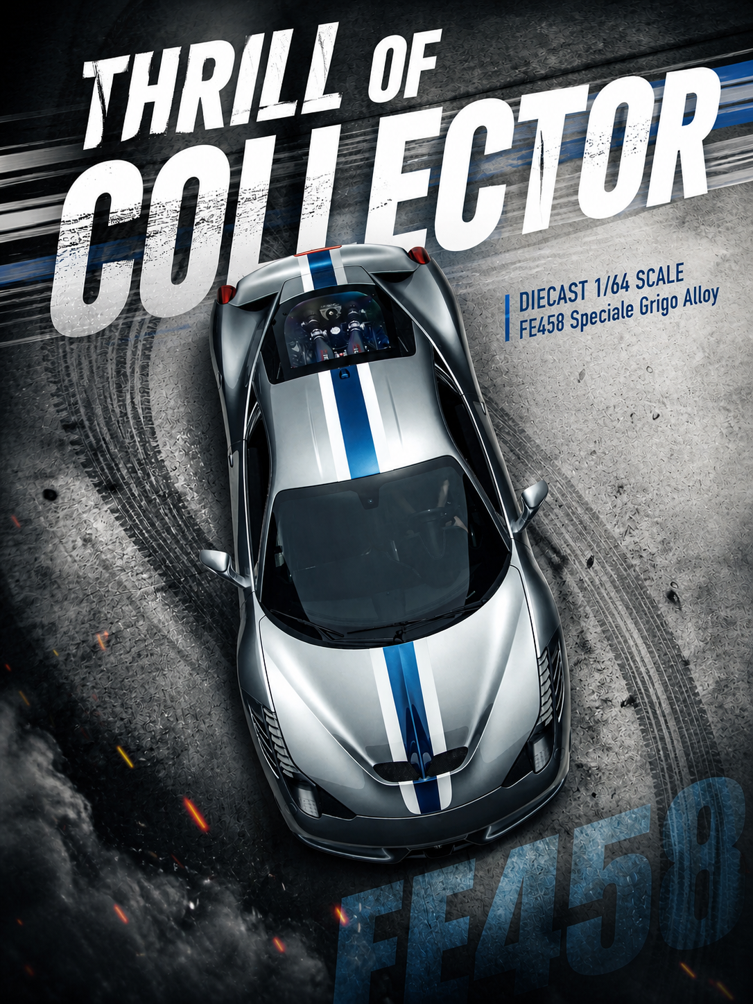 Promotional image of a diecast car model with 'Thrill of Collector' text and car design details.