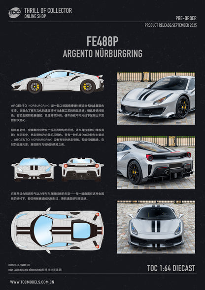 A promotional poster for the TOC Fe408P Argento Nürburgring pre-order, featuring multiple views of a white sports car with black racing stripes, including front, rear, side, and top-down schematic views on a dark background.