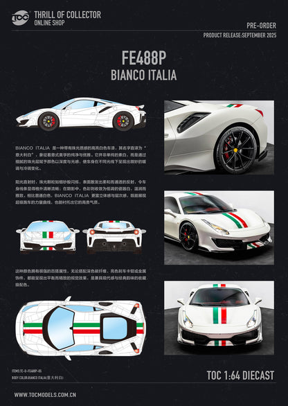 A product information card for a TOC 1:64 scale diecast model of a Ferrari FFE 480P in the Bianco Italia livery. The card features a black background with white and red text, alongside multiple 3D renders of the car showing its white base color with the green, white, and red Italian flag stripes along the side and hood.