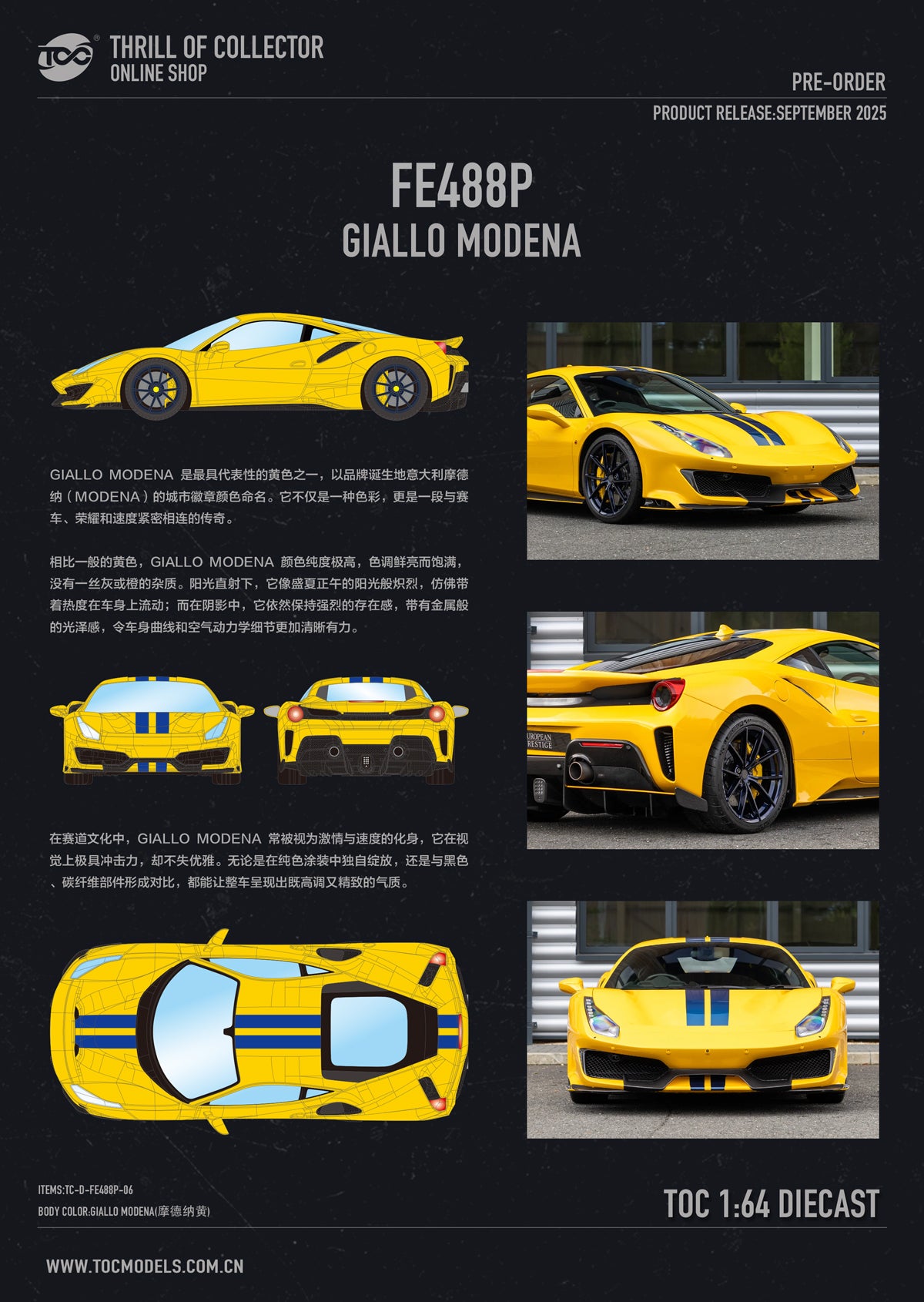 Promotional graphic for a TOC 1:64 scale diecast model of the Ferrari FE 488P Giallo Modena. The design features a dark background with multiple views of the yellow car, including side, front, rear, and top-down schematic views with blue and yellow racing stripes.