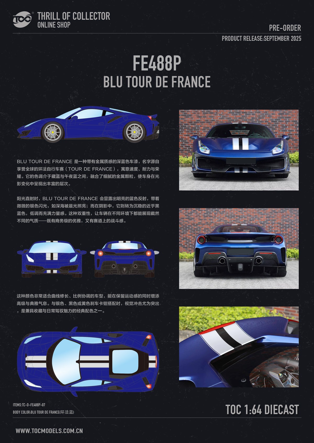 A promotional graphic for a blue sports car model, featuring multiple views of the car including front, rear, side, and top-down diagrams, with Chinese text and a dark background. The top left shows the 'TOC Thriller of Collector Online Shop' logo.