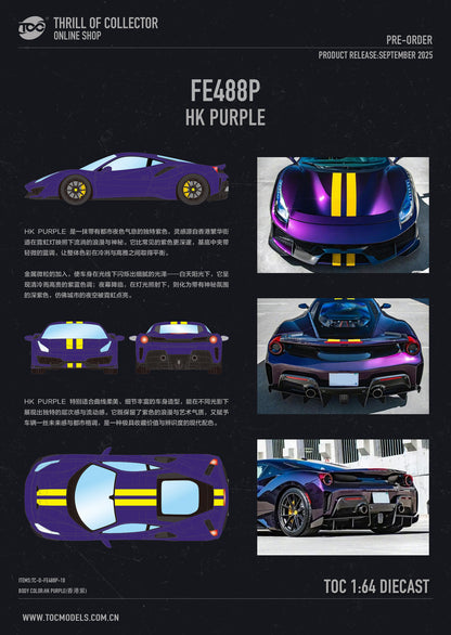 A promotional product card for a TOC 1:64 scale diecast model car, featuring the model name 'FE48P HK Purple' and multiple views of a purple sports car with yellow racing stripes on a dark background.