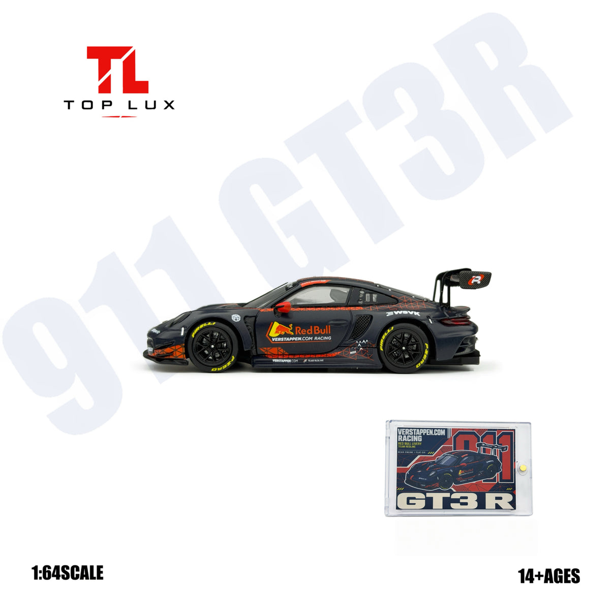 TOP LUX 1:64 Porsche 911 GT3 R Red Bull Verstappen.com Racing diecast model, side profile featuring matte black and red racing livery, Red Bull sponsor graphics, yellow Pirelli racing tires, black multi-spoke wheels, aerodynamic side skirts, large rear wing and collectible GT3 R display card.
