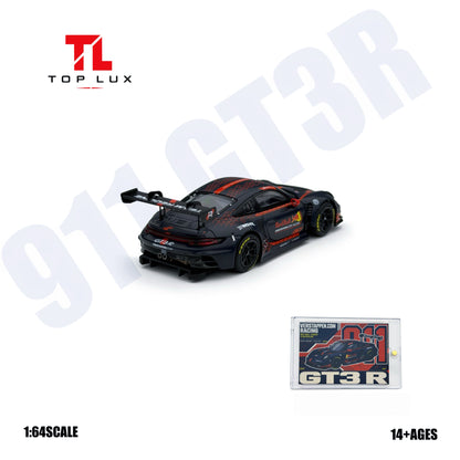 TOP LUX 1:64 Porsche 911 GT3 R Red Bull Verstappen.com Racing diecast model, rear three-quarter view featuring matte black and red racing livery, Red Bull sponsor decals, yellow Pirelli racing tires, large rear wing, rear diffuser, dual exhaust pipes and collectible GT3 R display card.