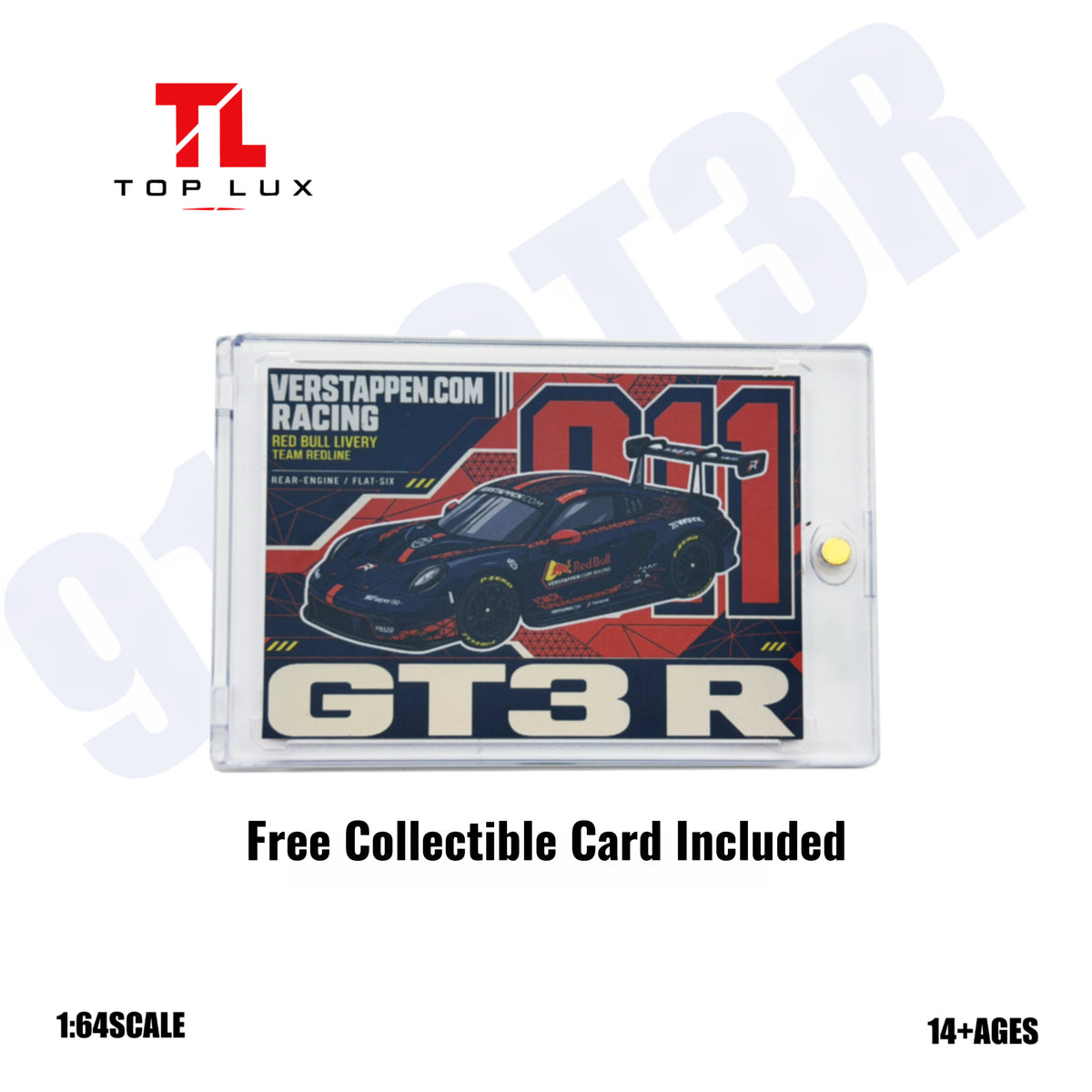 TOP LUX 1:64 Porsche 911 GT3 R Red Bull Verstappen.com Racing collectible card featuring black and red GT3 R race car artwork, Red Bull Racing livery, large 001 graphics and GT3 R branding, presented in a transparent protective card case, included free with the diecast model.