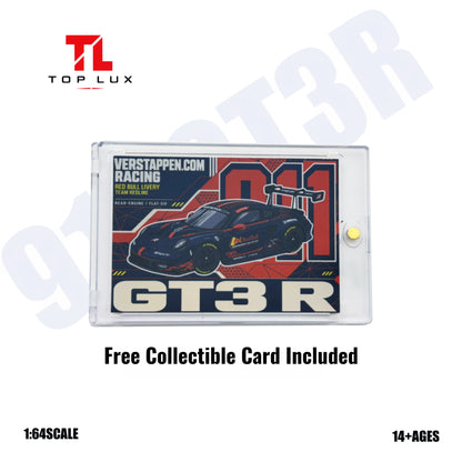 TOP LUX 1:64 Porsche 911 GT3 R Red Bull Verstappen.com Racing collectible card featuring black and red GT3 R race car artwork, Red Bull Racing livery, large 001 graphics and GT3 R branding, presented in a transparent protective card case, included free with the diecast model.
