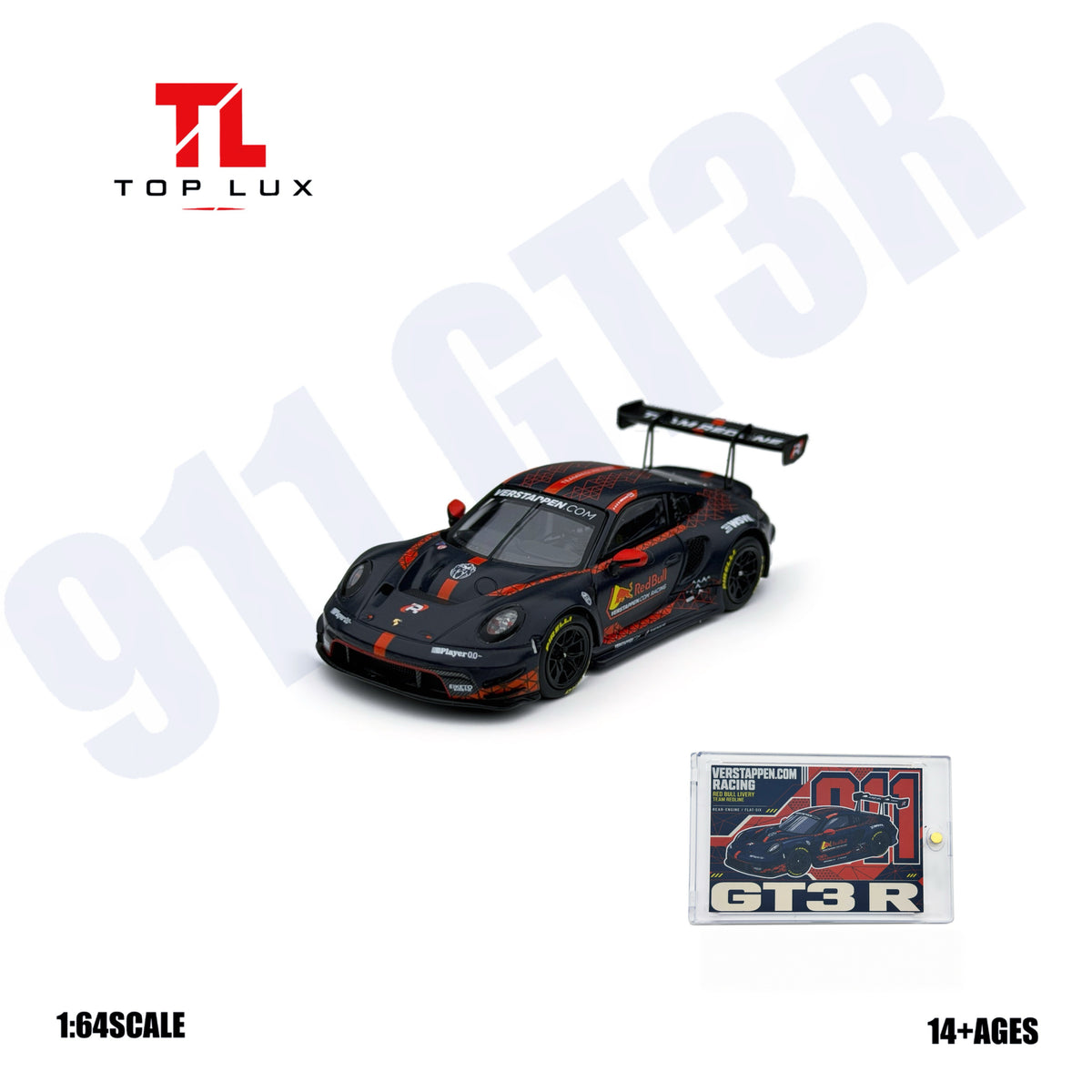 TOP LUX 1:64 Porsche 911 GT3 R Red Bull Verstappen.com Racing #91 diecast model featuring matte black and red racing livery, Red Bull sponsor decals, aerodynamic body kit, black racing wheels, large rear wing and collectible GT3 R display card.