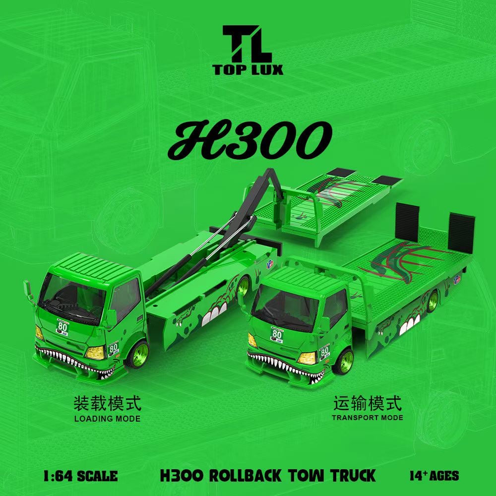 Green 1:64 scale remote control toy tow truck set by Top Lux, showing two modes: loading mode with the crane raised, and transport mode with the flatbed extended. The image is set against a matching green background with Chinese text and the Top Lux brand logo.