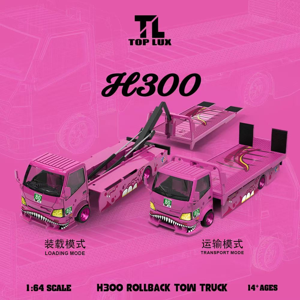 Pink toy rollback tow truck with 'Top Lux' branding on a pink background