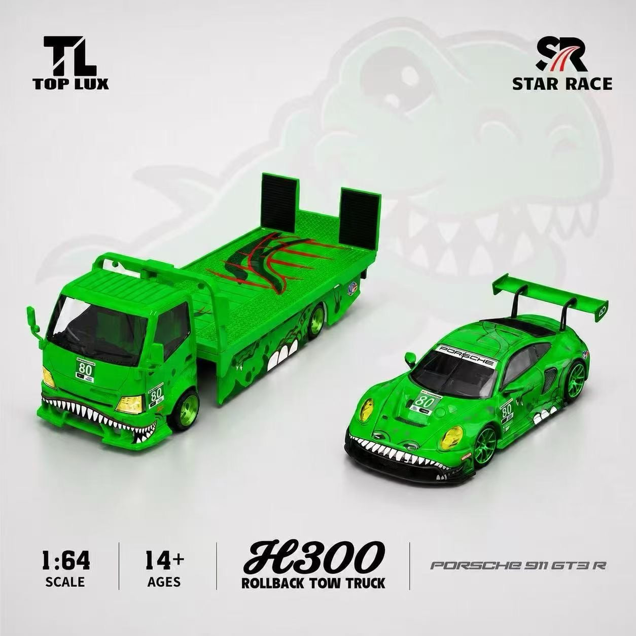 Green toyrollback tow truck and Porsche GT3 RS on a white background with Top Lux and Star Race branding.