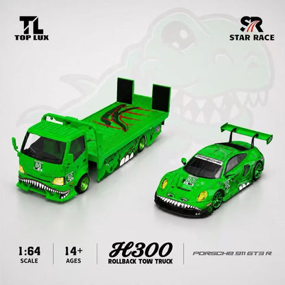 Green toyrollback tow truck and Porsche GT3 RS on a white background with Top Lux and Star Race branding.
