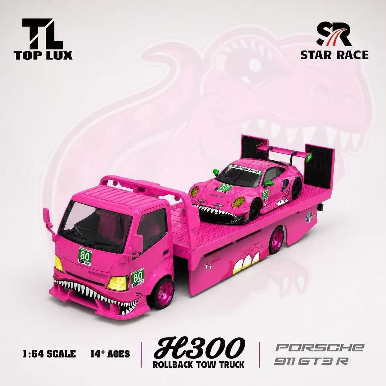Pink toy tow truck with a car on a white background, featuring Top Lux and Star Race logos.