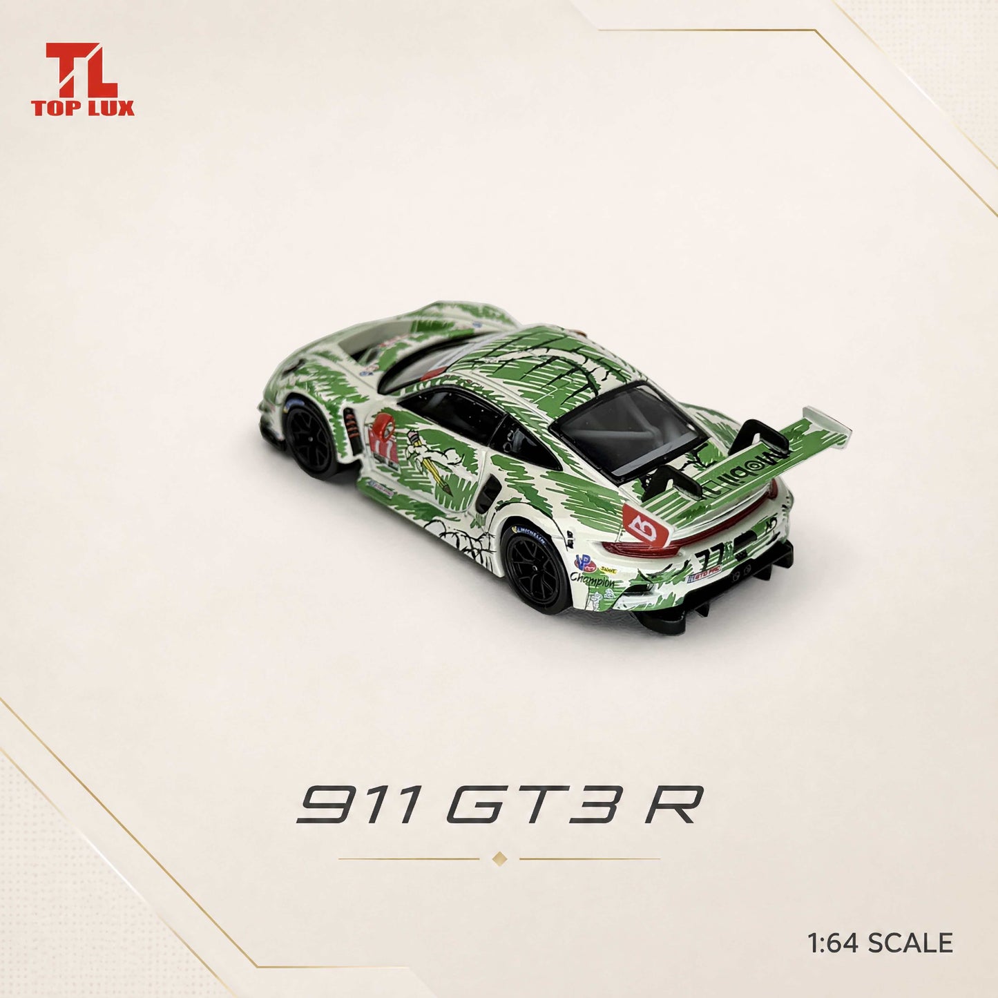 A 1:64 scale diecast model car of a Porsche 911 GT3 R, featuring a green and white leaf-patterned livery, displayed on a light beige background with the Top Lux brand logo.