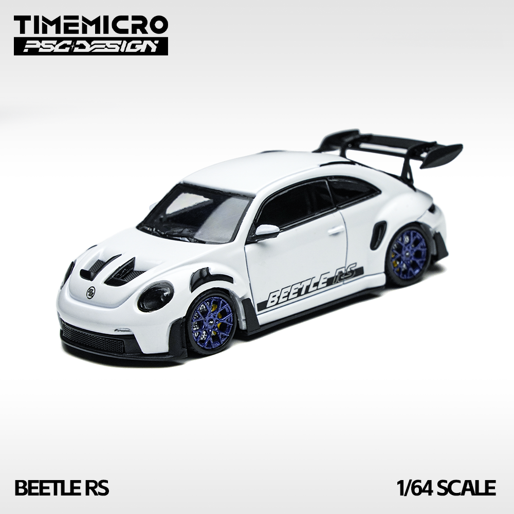Model car of a Beetle RS with 'TimeMicro' branding on a white background