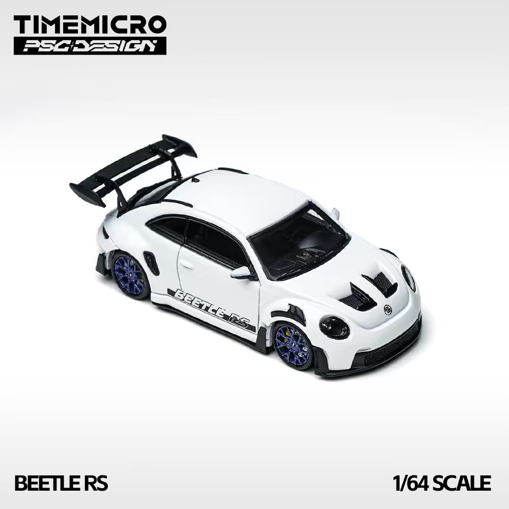 Model car of a Beetle RS with a large rear wing on a white background, featuring the Timemicro logo.