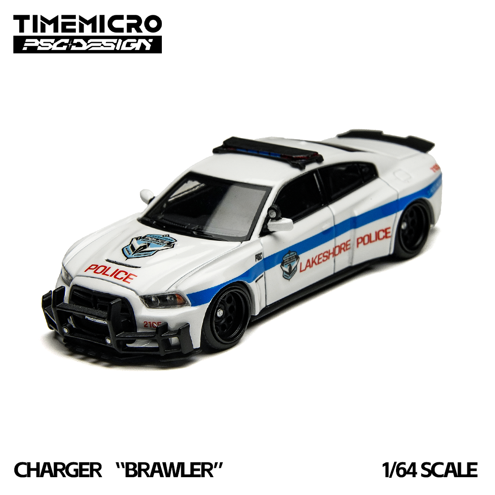 TIME MICRO x PSG Design 1:64 Dodge Charger Brawler Lakeshore Police White diecast model TM648206, front three-quarter view featuring blue police stripes, Lakeshore Police decals, roof-mounted emergency light bar, black push bumper, black racing wheels, and widebody styling.