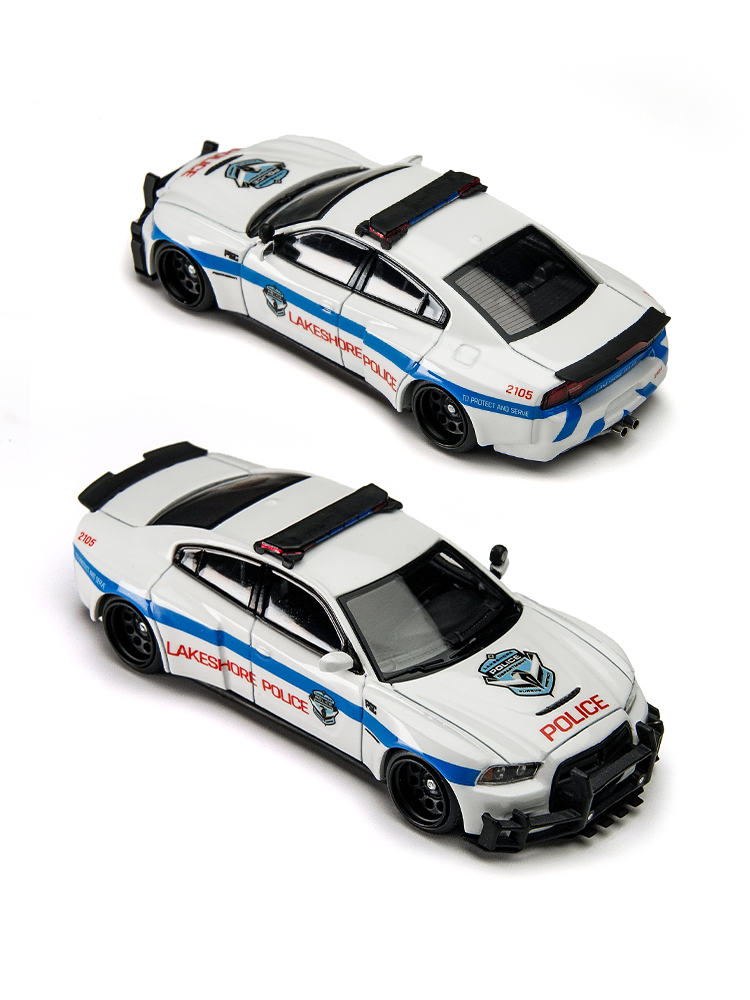 TIME MICRO x PSG Design 1:64 Dodge Charger Brawler Lakeshore Police White diecast model TM648206, front and rear three-quarter views featuring blue police stripes, Lakeshore Police decals, roof-mounted emergency light bar, black push bumper, rear spoiler, and black wheels.