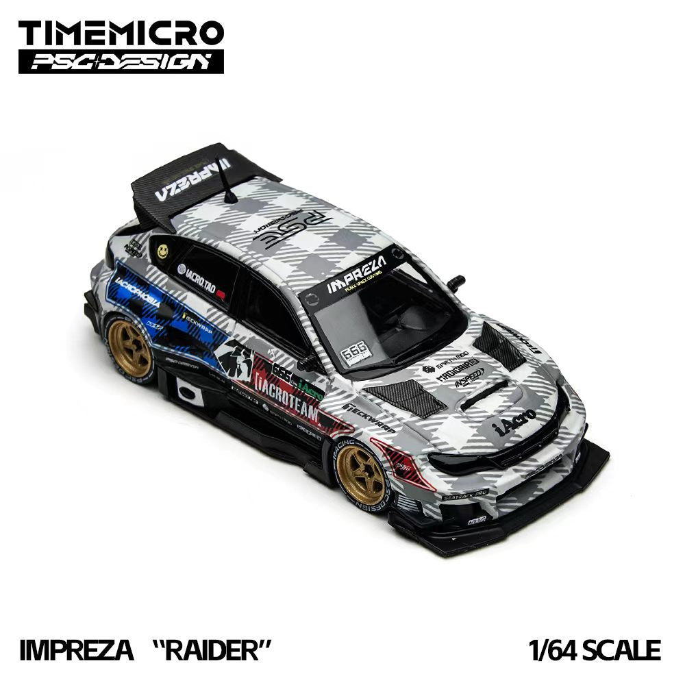 Model car of a Impreza 'Raider' with camouflage design on a white background, featuring the Timemicro logo.