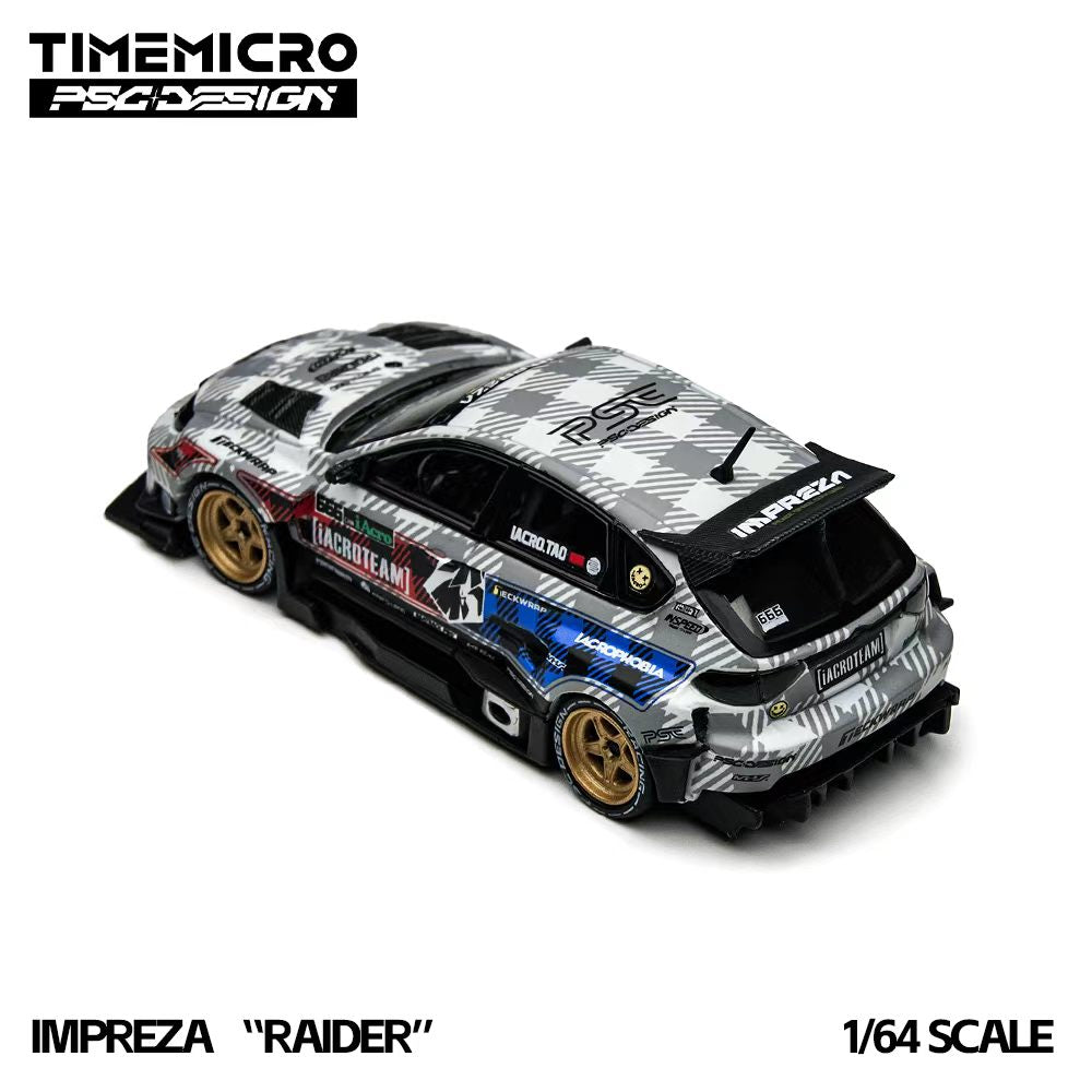 Model car of a Subaru Impreza with 'PSG Design' branding on a white background, featuring the Timemicro logo.