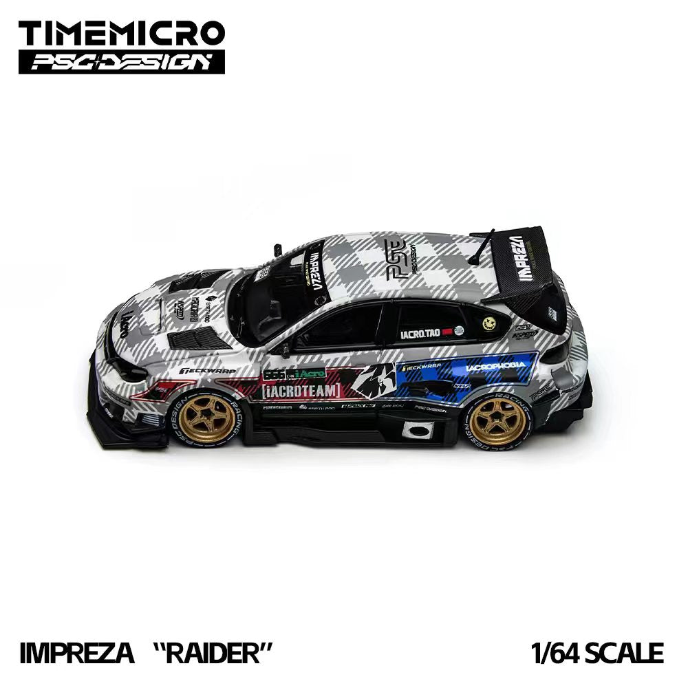 Model car of a Impreza 'Raider' with 'TimeMicro' branding on a white background