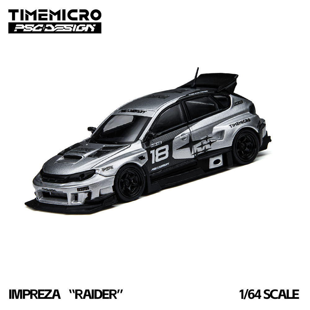 TIME MICRO x PSG Design 1:64 Subaru Impreza Raider Silver #18 diecast model TM648303, front three-quarter view featuring metallic silver and black racing livery, aggressive widebody kit, black racing wheels, carbon fiber hood, front splitter, and large rear wing.