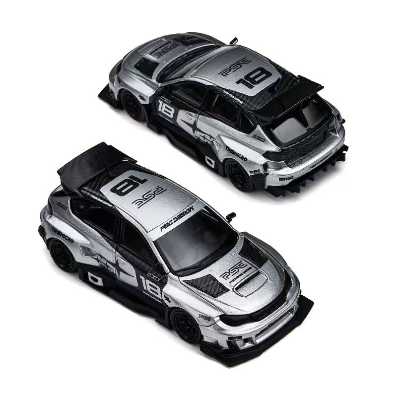 TIME MICRO x PSG Design 1:64 Subaru Impreza Raider Silver #18 diecast model TM648303, top front and rear three-quarter views featuring metallic silver and black racing livery, carbon fiber hood, roof graphics, black racing wheels, widebody kit, large rear wing, and rear diffuser.