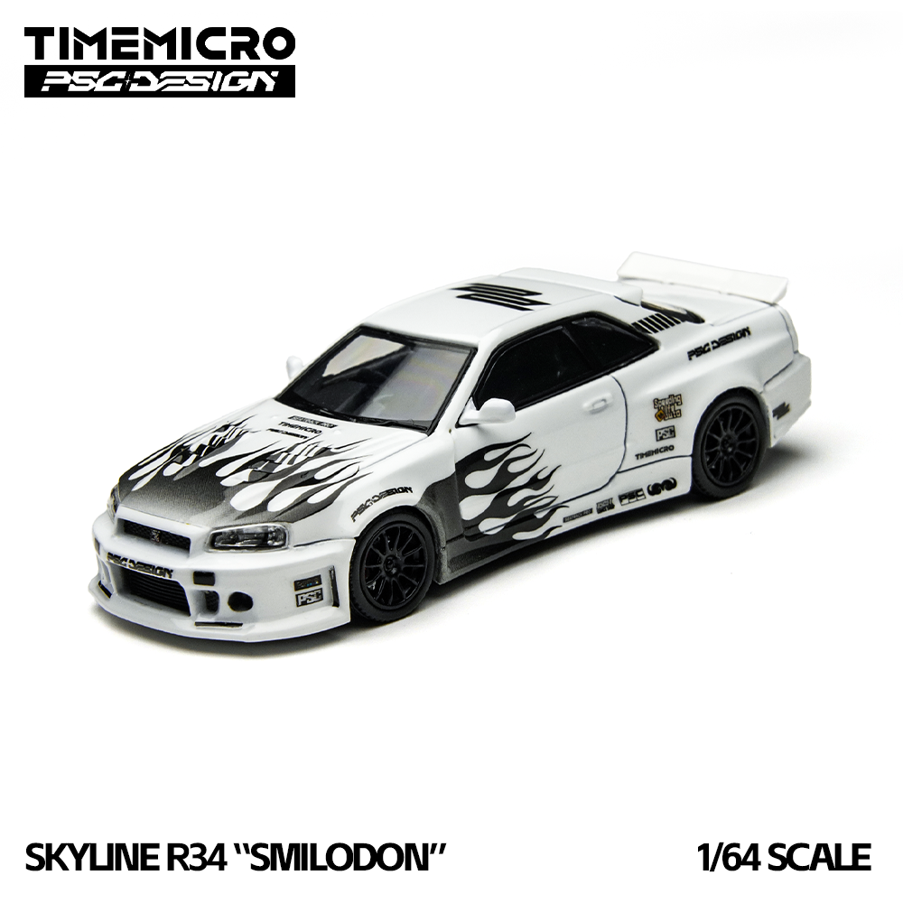 Model car of a Skyline R34 with flames on a white background, featuring Timemicro branding.