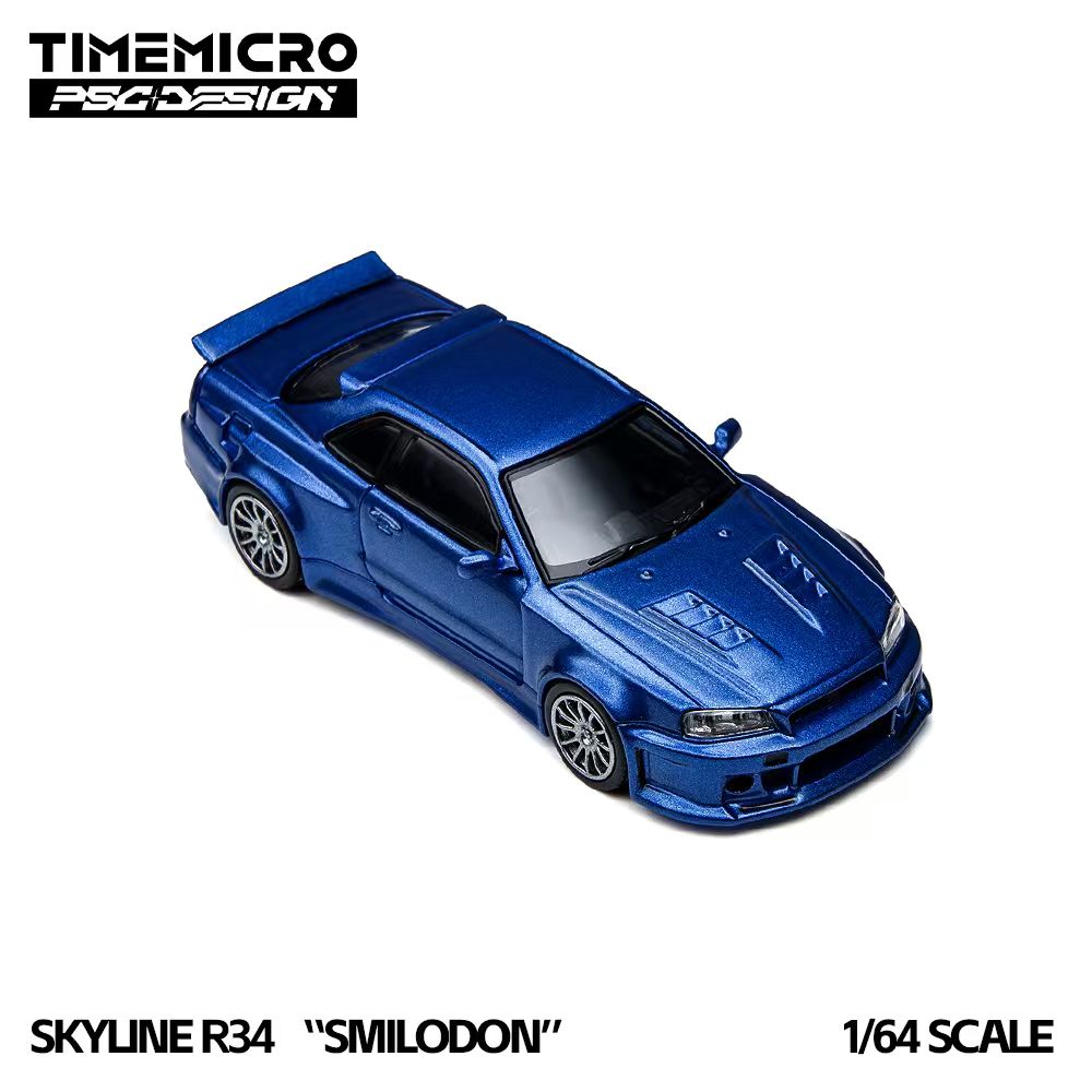 A 1/64 scale model car of the Nissan Skyline R34 'Smilodon' in metallic blue, shown from a three-quarters perspective on a white background with brand and model text overlays.