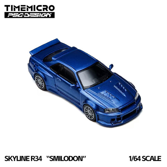 A 1/64 scale model car of the Nissan Skyline R34 'Smilodon' in metallic blue, shown from a three-quarters perspective on a white background with brand and model text overlays.
