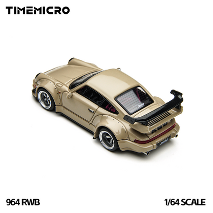Model car of a beige sports car with black accents, featuring 'Timemicro' branding and '964 RWB' model name.
